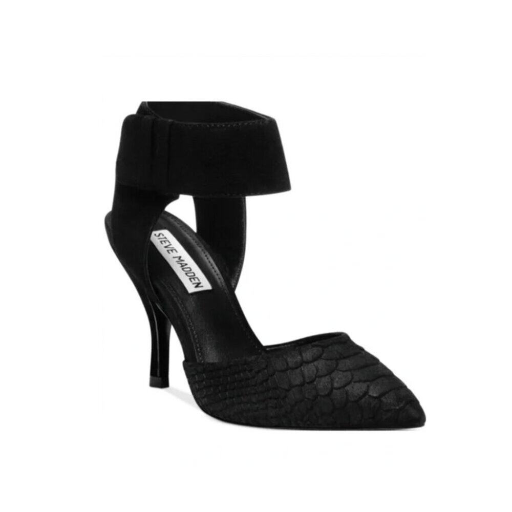 Steve Madden Swift Black Embossed Leather Pointed-Toe Ankle Strap Heels